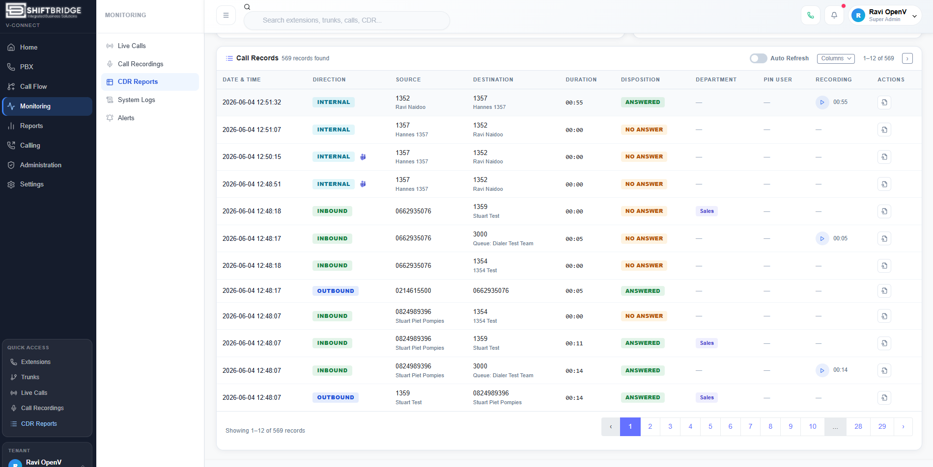 V-Connect CDR Detail showing inbound, outbound and internal call records with duration and disposition